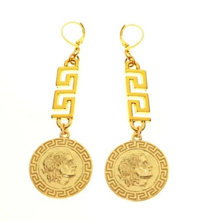 Cercei Colibra cu monede grecesti, 8,5cm x 1cm, placati