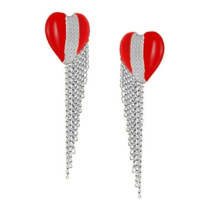 Cercei mari in forma de inima cu lanturi, Colibra, rosu/argintiu, 4x3,5cm, lungime 12,5cm