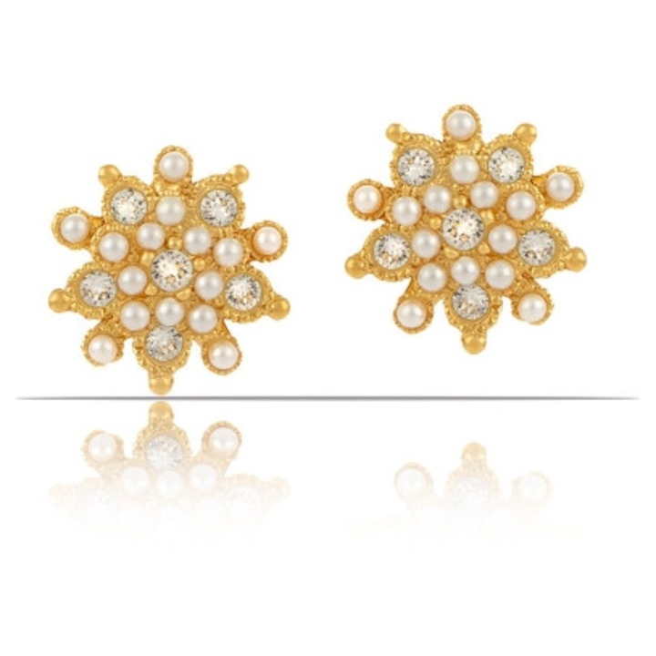Cercei Colibra, model fulgi de nea, cu perle si cristale Preciosa, aurii