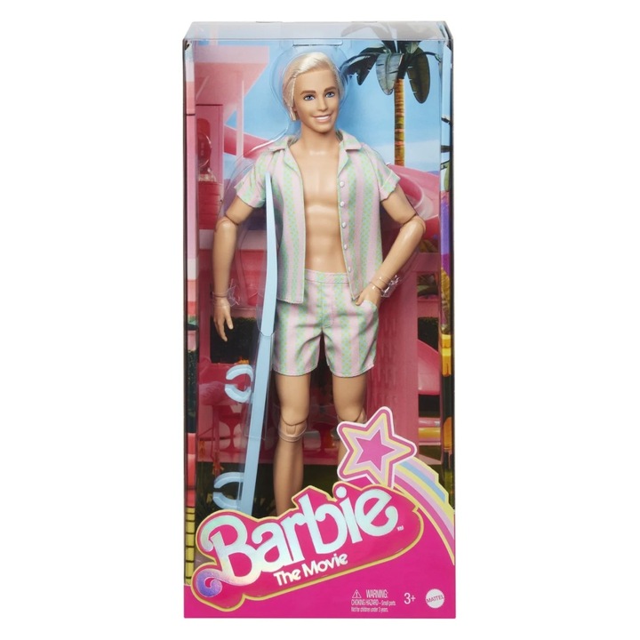 Papusa Barbie Ken, set plajă, dungi roz pastel și verde menta, 3 ani
