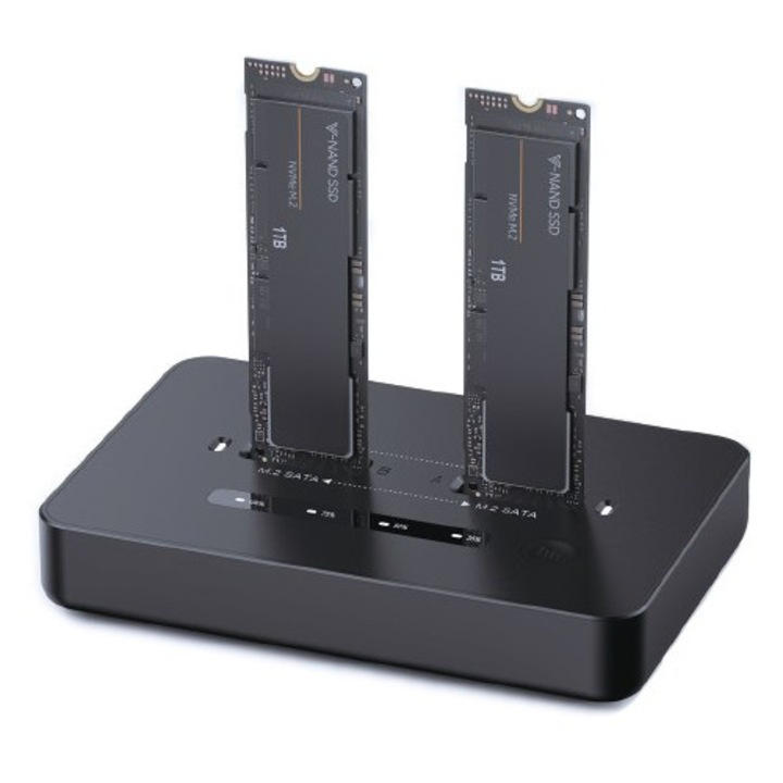 Gembird DD2-U3M2 asztali kettős M.2 SSD NVME (és SATA) külső dokkoló egység, USB Type-C csatlakozás, offline klónozási funkció, MacBook-hoz és PC-hez, fekete