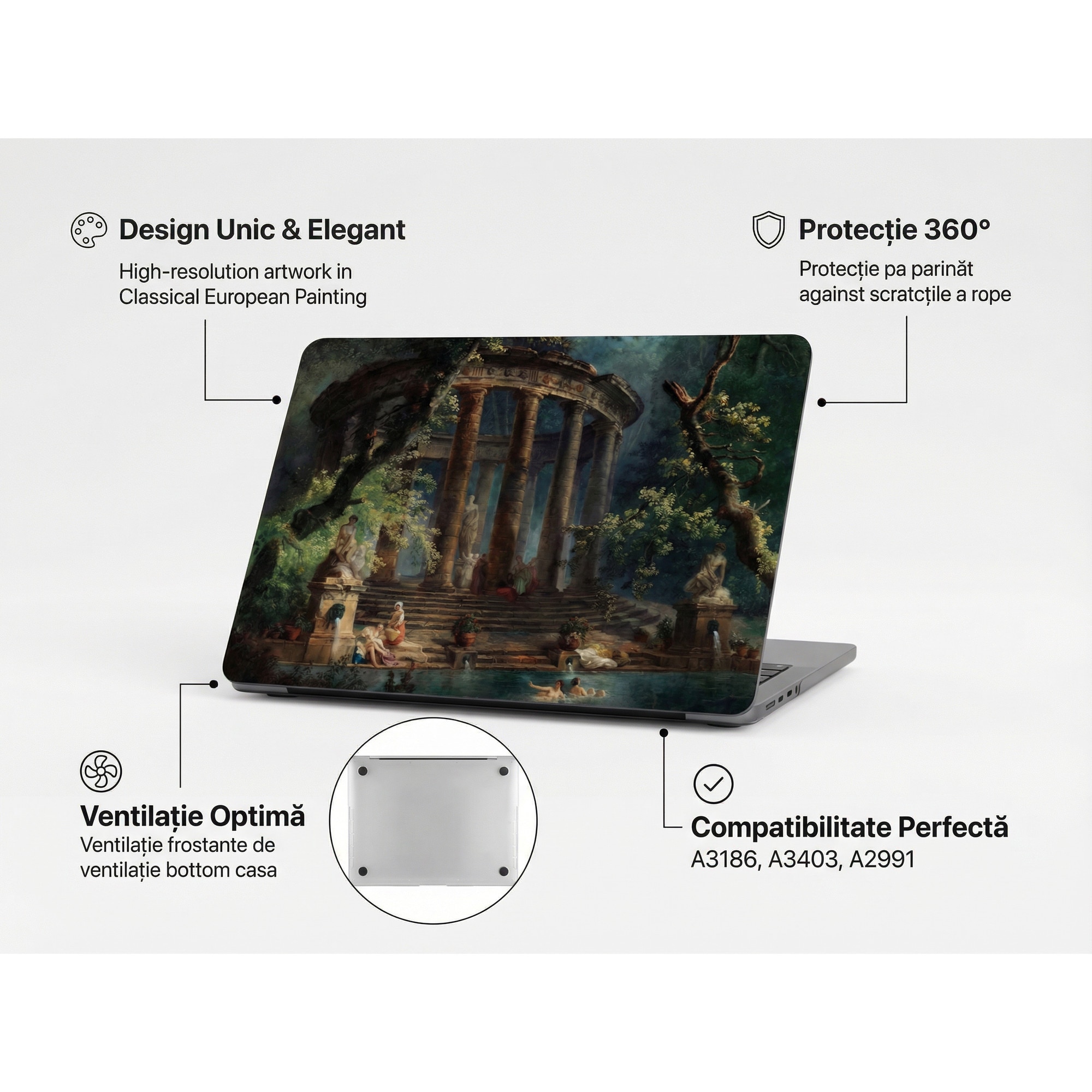 Carcasa MacBook Pro 16 inch, Artinplace, Compatibila cu Model A3186/A3403/A2991/A2780/A2485, Protectie 360, Rezistenta la Apa, Material Cristal, Design Pictura Clasica Europeana, Anti-zgarieturi, Estetica Eleganta, Montare Usoara