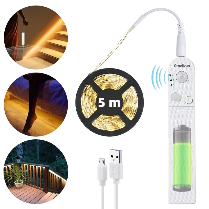 Banda LED Omelivon cu senzor corporal, 5m, lumina calda, reincarcabil, IP65