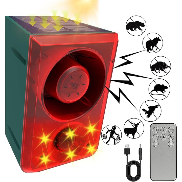 Sistem de alarma solara cu senzor de miscare, 3 niveluri de volum, rezistent la apa, 1200mAH, pentru case, gradini, ferme, ABS, rosu/verde