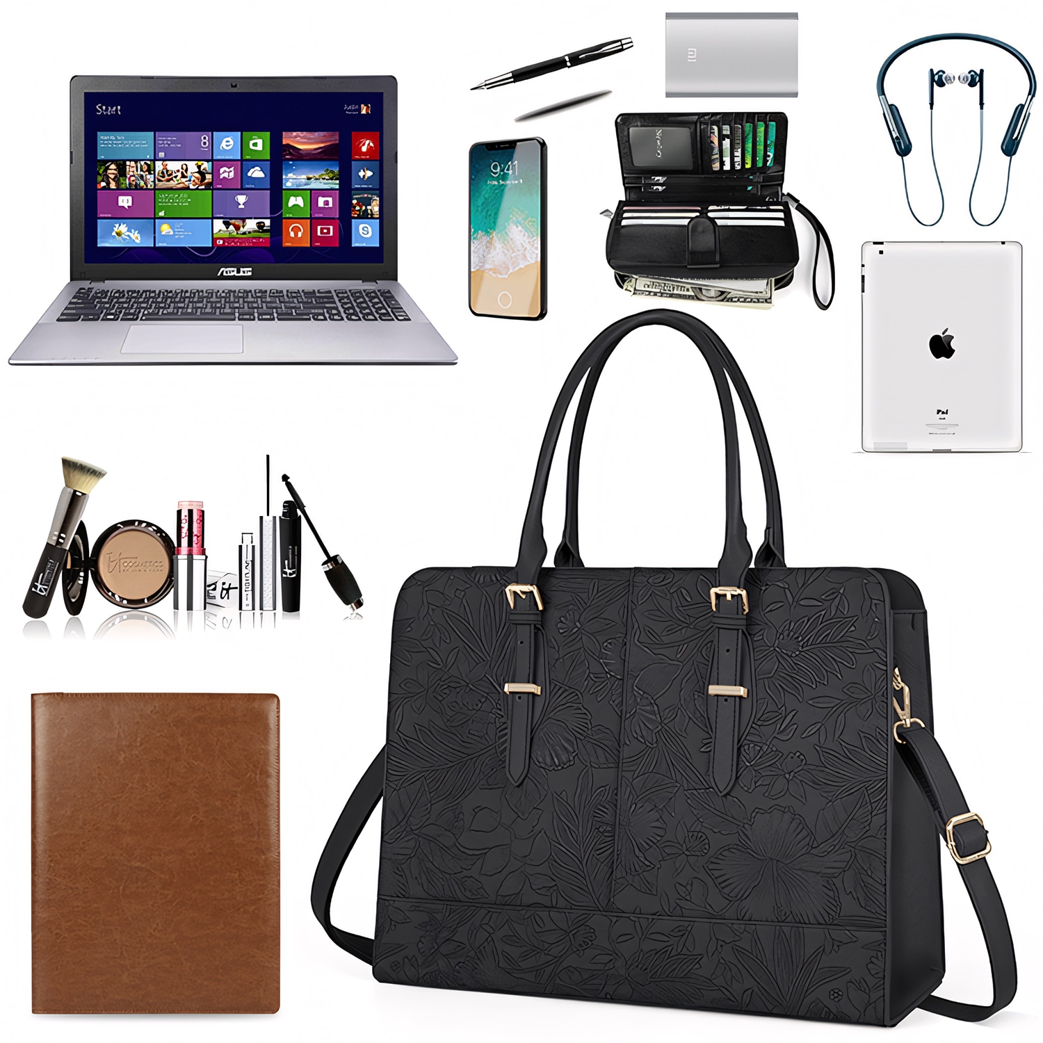 Geantă laptop BYONDSELF, din piele ecologică, rezistentă la apă, negru, 15.6"