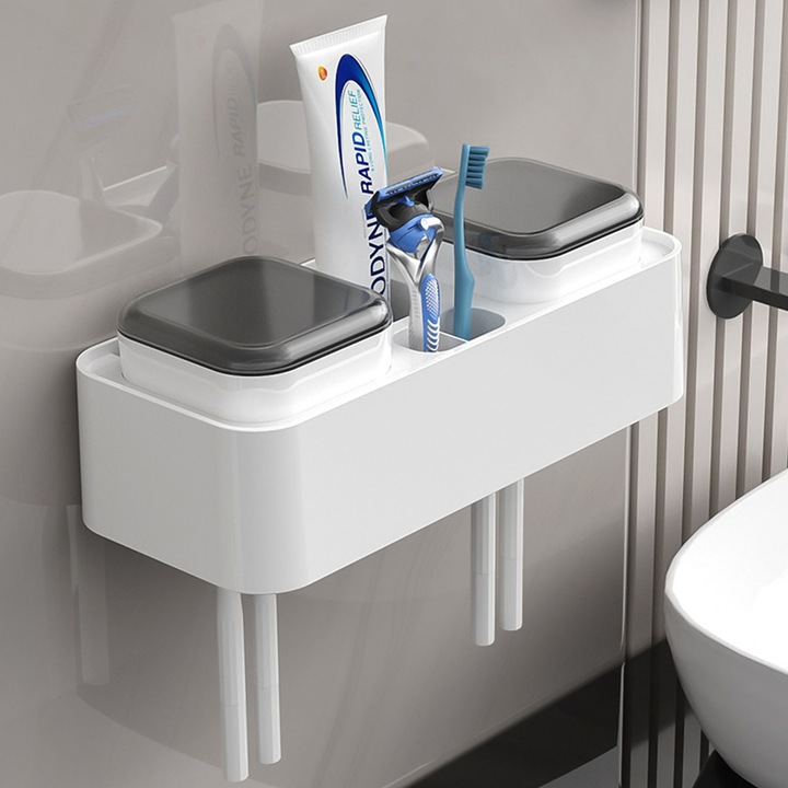 Suport periuta dinti, AFKSMILE, 2 pahar periute de dinti, organizator multifunctional, Igiena orala, Rezistent la umeazeala, Agatare/ Plasare, Pentru baie si toaleta, Depoziteaza cosmetice, aparate de ras si foarfece de unghii, ABS, 24.3*10*8cm, Negru/Alb