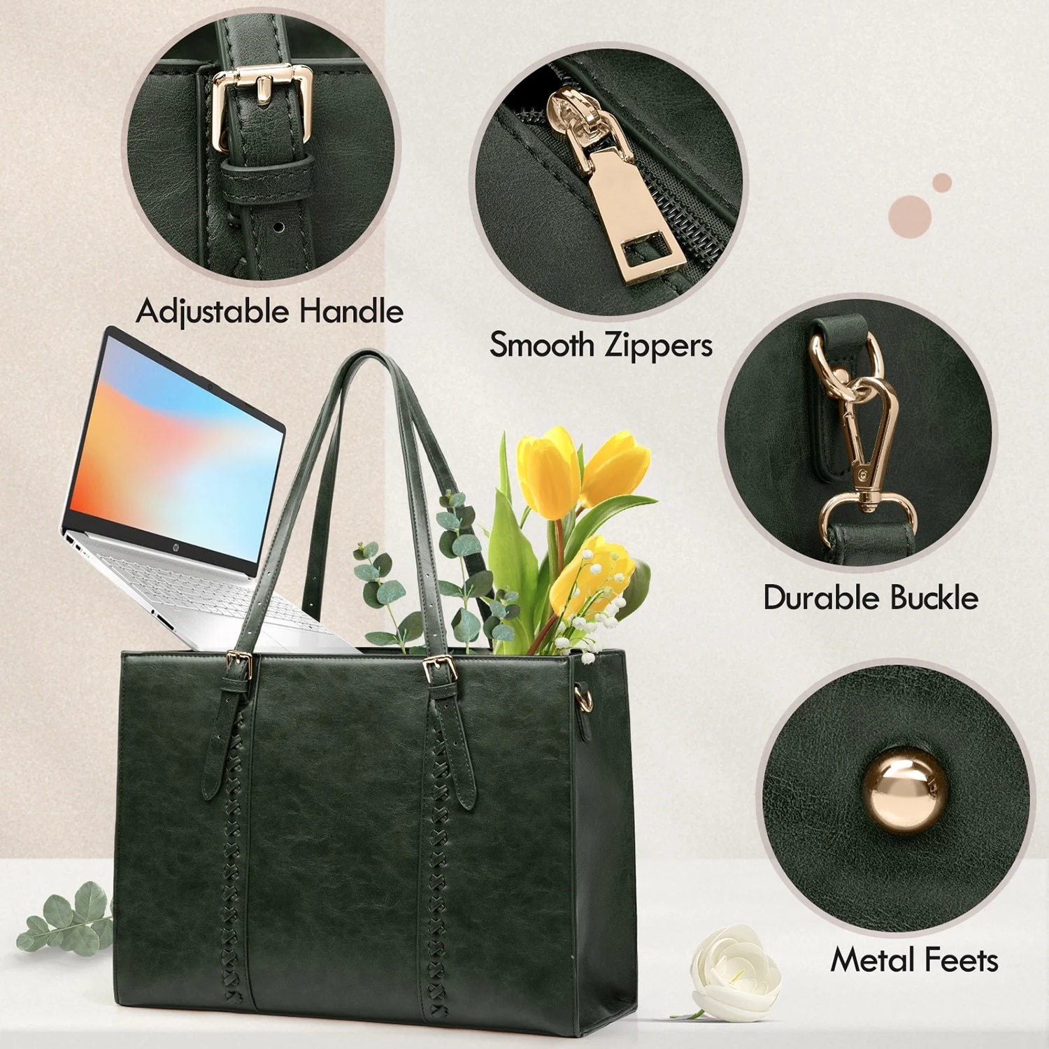 Geanta Laptop Femei, BYONDSELF®, 15.6 inch, Piele Ecologica, Rezistent la Apa, 42x20x15cm, Verde