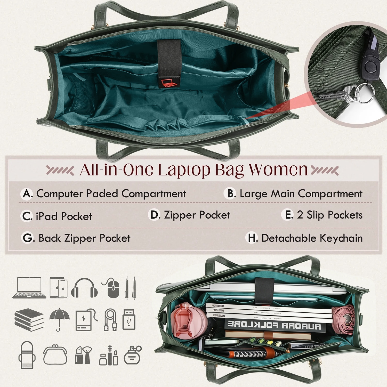 Geanta Laptop Femei, BYONDSELF®, 15.6 inch, Piele Ecologica, Rezistent la Apa, 42x20x15cm, Verde