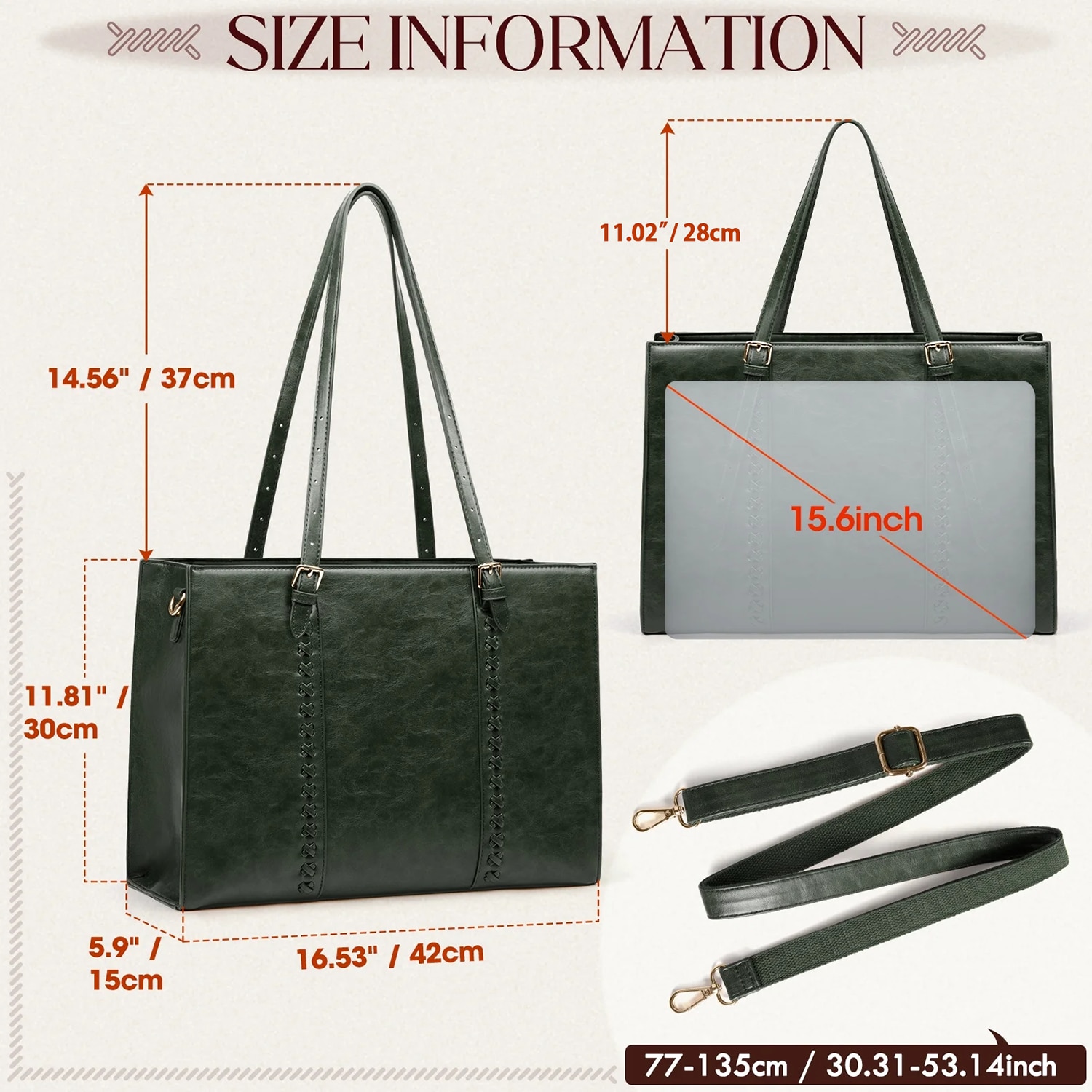 Geanta Laptop Femei, BYONDSELF®, 15.6 inch, Piele Ecologica, Rezistent la Apa, 42x20x15cm, Verde