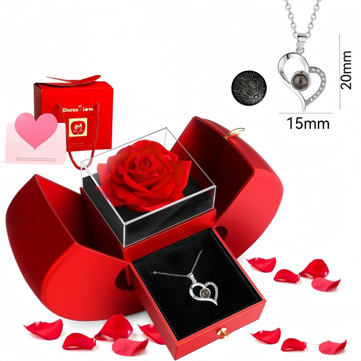 Colier dama in forma de inima, proiectand "Te iubesc" in 100 de limbi, aur alb, set cu cutie cadou si floare din sapun