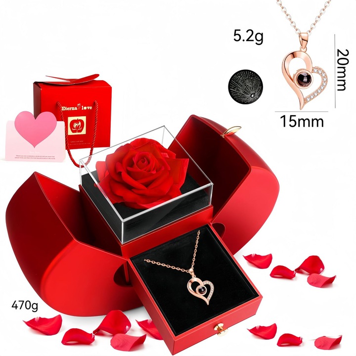 Colier inima pentru femei, proiectand "Te iubesc" in 100 de limbi, cadou de Ziua Indragostitilor, aur roz, set cu cutie cadou si floare din sapun