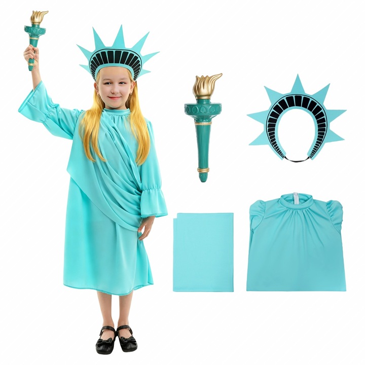 Costum de performanta pentru copii, cosplay Statuia Libertatii, rochie Ziua Independentei + torta, M