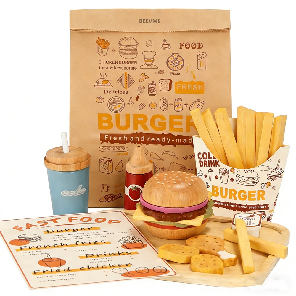 Set jucarii din lemn pentru copii, hamburger fast food, multicolor