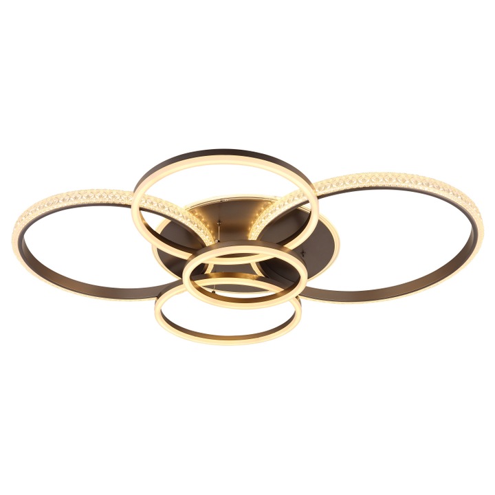 Mennyezeti lámpa, fém antracit matt, átlátszó akril kristályok, opál akril, DxSZxM: 1100x880x115mm, gyűrűátmérő: 1 x 55, 5 cm, 48 cm, 30 cm és 2 x 40 cm, LED 70W 230V, forrás 8120lm, teljesítmény 3700lm, 3000K