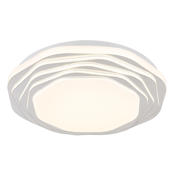 Плафониера, метал бял мат, пластмаса опал, пластмаса хромирана, няколко нива чрез превключвател за стена: 100%-50%-10%, превключвател на степени: 3000/4000/6000K, функция памет, ø: 380мм, LED 24W 230V, източник 3022lm, изход 968lm, CCT 3000/4000/6000K