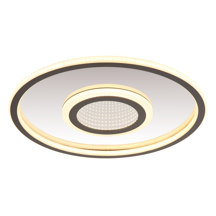 Mennyezeti lámpa matt szürke fém, tükrös rozsdamentes acél, matt szürke alumínium, opál műanyag, tükrös akril 3D hatás, többszintű fali kapcsolóval, memória funkció, ø: 432mm, M: 50mm, LED 40W 230V-tal, fényforrás 4630lm, kimenet 2400lm, 3000K