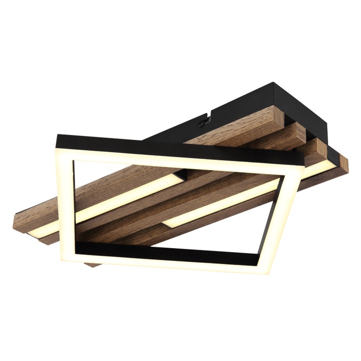 Plafoniera, metal negru mat, MDF cu efect de lemn inchis, plastic negru mat, plastic opal, mai multe niveluri prin comutator de perete, functie de memorie, LxLxA: 330x310x75mm, incl. LED 19W 230V, sursa 1990lm, iesire 1020lm, 3000K