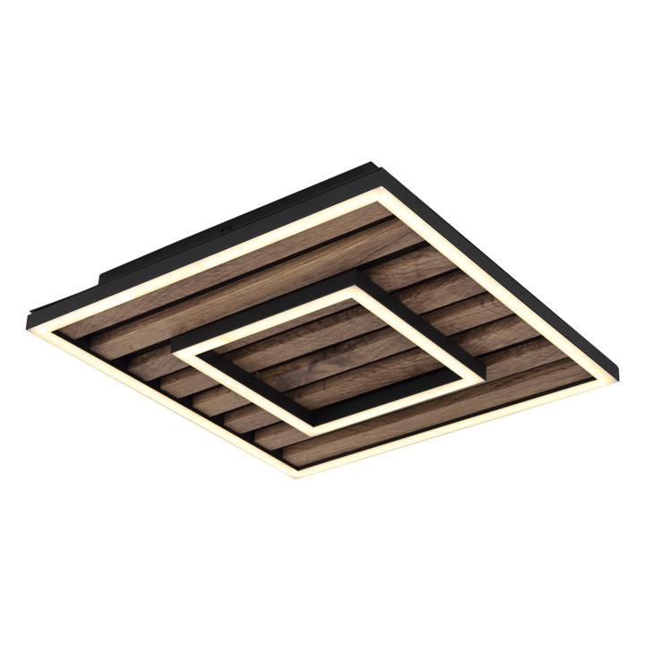 Plafoniera, metal negru mat, MDF cu efect de lemn inchis, plastic opal, mai multe niveluri prin comutator de perete: cadru exterior, interior, ambele impreuna, functie de memorie, 300x300x60mm, incl. LED 18W 230V, sursa 1850lm, iesire 1000lm, 3000K