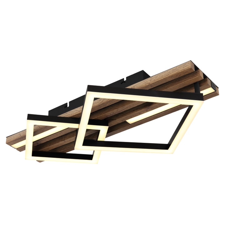 Plafoniera, metal negru mat, MDF cu efect de lemn inchis, plastic negru mat, plastic opal, mai multe niveluri prin comutator de perete, functie de memorie, LxLxA: 475x310x95mm, incl. LED 25W 230V, sursa 2580lm, iesire 1300lm, 3000K