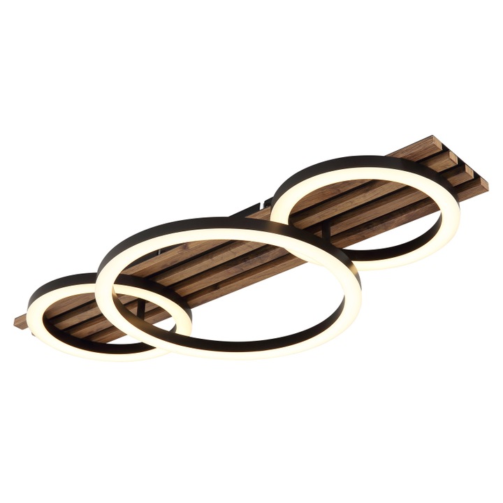 Plafoniera metal negru mat, MDF aspect lemn inchis, plastic negru mat, plastic opal, ø: 300mm, H: 95mm, 1 inel 30cm, 2 inele 20cm, incl. LED 24W 230V, sursa 2450lm, iesire 1200lm, 3000K