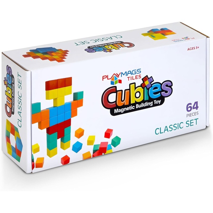 Set magnetic Playmags Cubies, 64 blocuri magnetice de constructie de 3, 8 cm