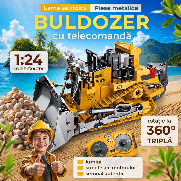 Jucarie Buldozer cu Telecomanda, BYONDSELF®, Lopata Metalica cu 9 Canale, 2.4Ghz, cu Sunete si Lumini, cu Lopata din Aliaj, cu Baterie Interna Recargabila si 2 AA Baterie, cu Surubelnita Mica, Negru Portocaliu