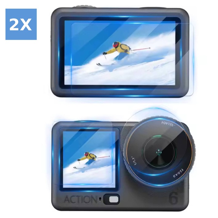 Set 2X Folii Oprotective din Sticla Temperata 9H pentru Camera Sunnylife DJI Osmo Action 6, 0.33mm, Transparent