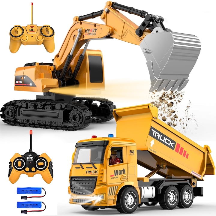 Excavator cu Telecomanda, BYONDSELF®, cu Basculanta cu telecomanda, Vehicule de Constructii, Sunete si Lumini, cu 2 Seturi de Surubelnite si Baterii Reincarcabile, pentru Interior si Exterior, 3+ Ani, Negru/Galben