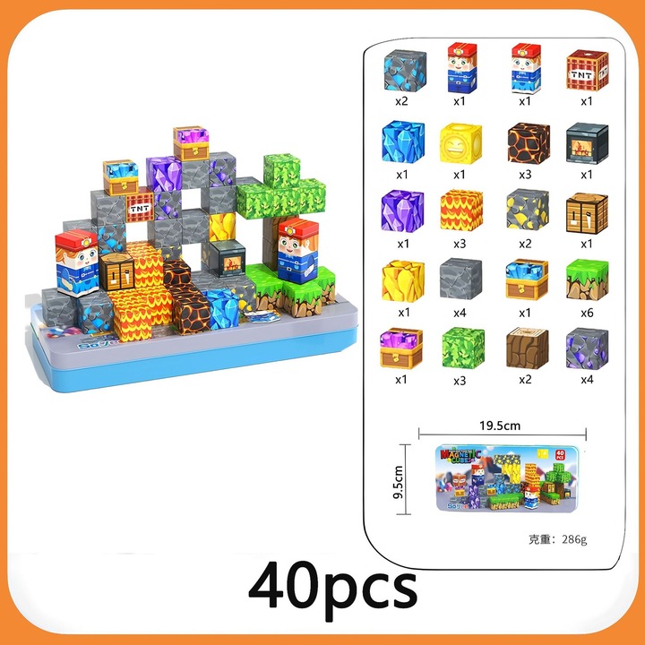 Mágneses építőkészlet, 40 db-os, hordozható kivitel, 3-10 éves gyermekeknek