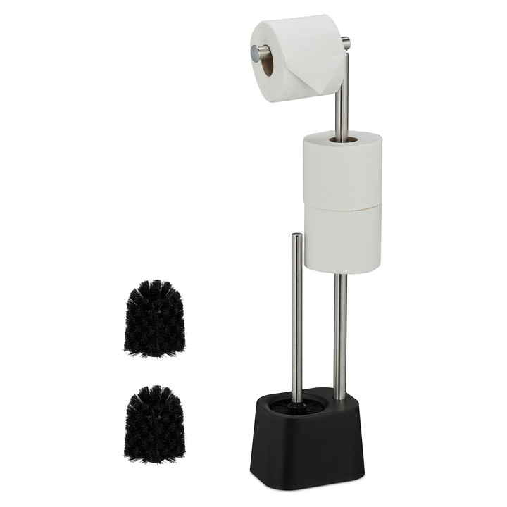Suport hartie igienica Relaxdays, 65.5 x 13 x 16 cm, din otel inoxidabil/plastic, perie toaleta + 2 rezerve, Negru