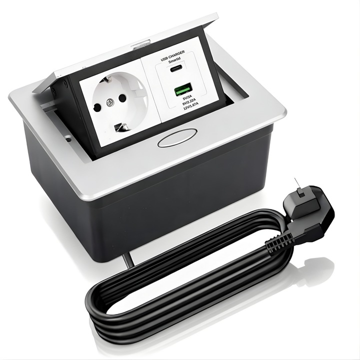 Priza Incastrabila ATOMKIT cu USB-C PD 20W si USB-A, 1 Priza Alimentare, Gri, Design Etans