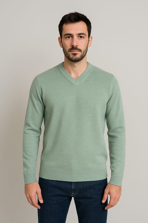 Férfi Pulóver, Zöld, V-nyakú – Elegáns Vékony Kötött Modell, Zöld, S