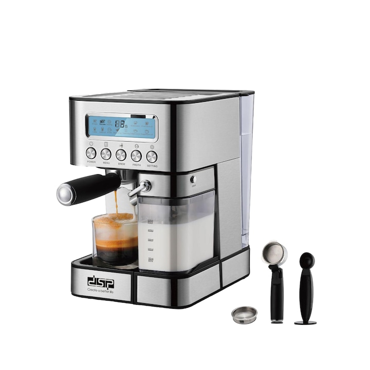 Espressor automat DSP KA3141, Ecran LCD, 5 functie,12 meniu presetate, setari personalizabile, curatare cu un singur clic,15 bar Pompa de apa italiana,1350W, 1.8L, Rezervor lapte 500ml, argintiu