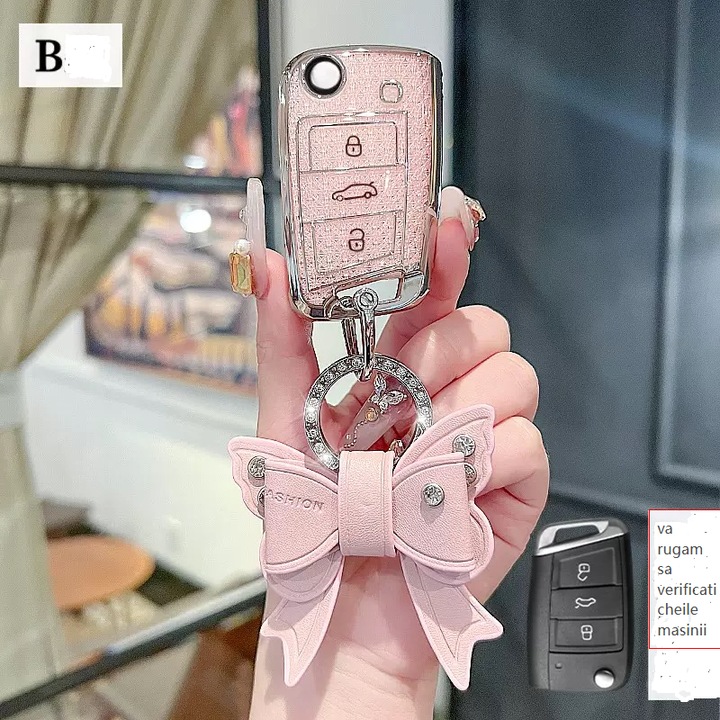 Husa pentru cheie auto Volkswagen, compatibila cu Passat, Jetta, Bora, T-Roc, Tiguan, T-Cross, Lavida, Tiguan L, T-Roc – cu inel pentru chei, roz pal, 0195