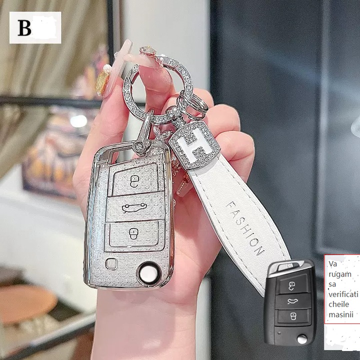 Husa pentru cheie auto Volkswagen, compatibila cu Passat, Jetta, Bora, T-Roc, Tiguan, T-Cross, Lavida, Tiguan L, T-Roc – cu inel pentru chei Argintiu metalizat, 0197