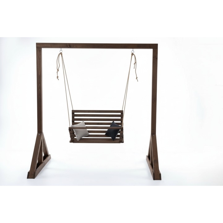 Двойна детска люлка с дървена стойка Lemnart DSJ3+, ръчна изработка, Шоколадов цвят