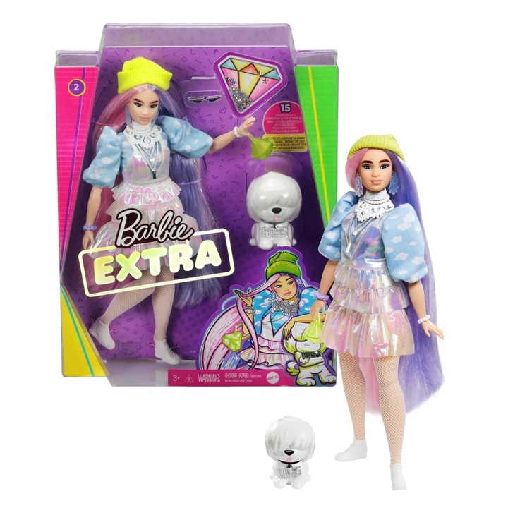 Papusa Barbie Extra, mov-roz-verde, cu catel alb, 32.7x25x7cm
