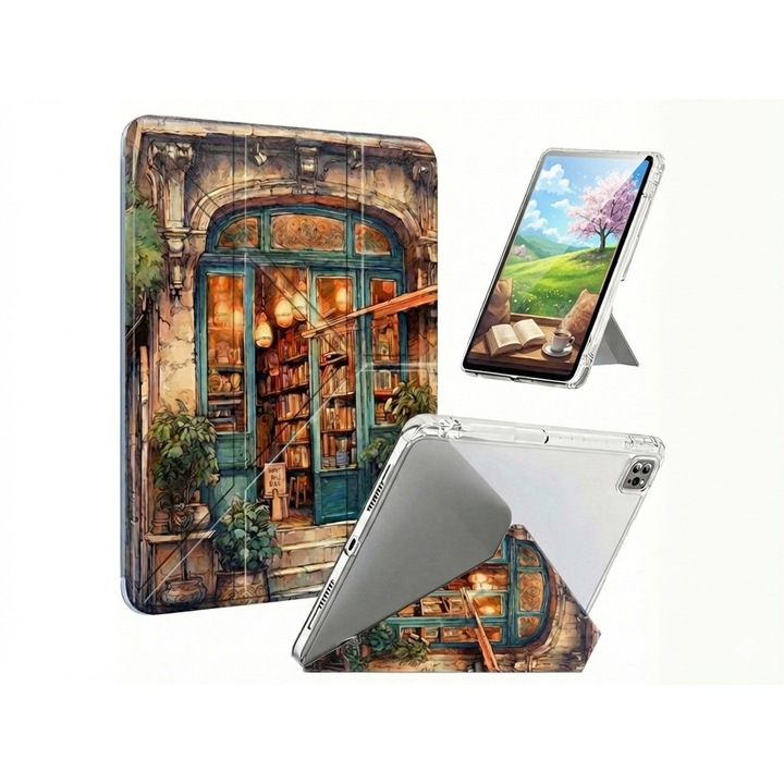 Artinplace tablettok iPad 11 hüvelykeshez, vintage könyvespolc dizájn, Y-Fold állvány, karcálló