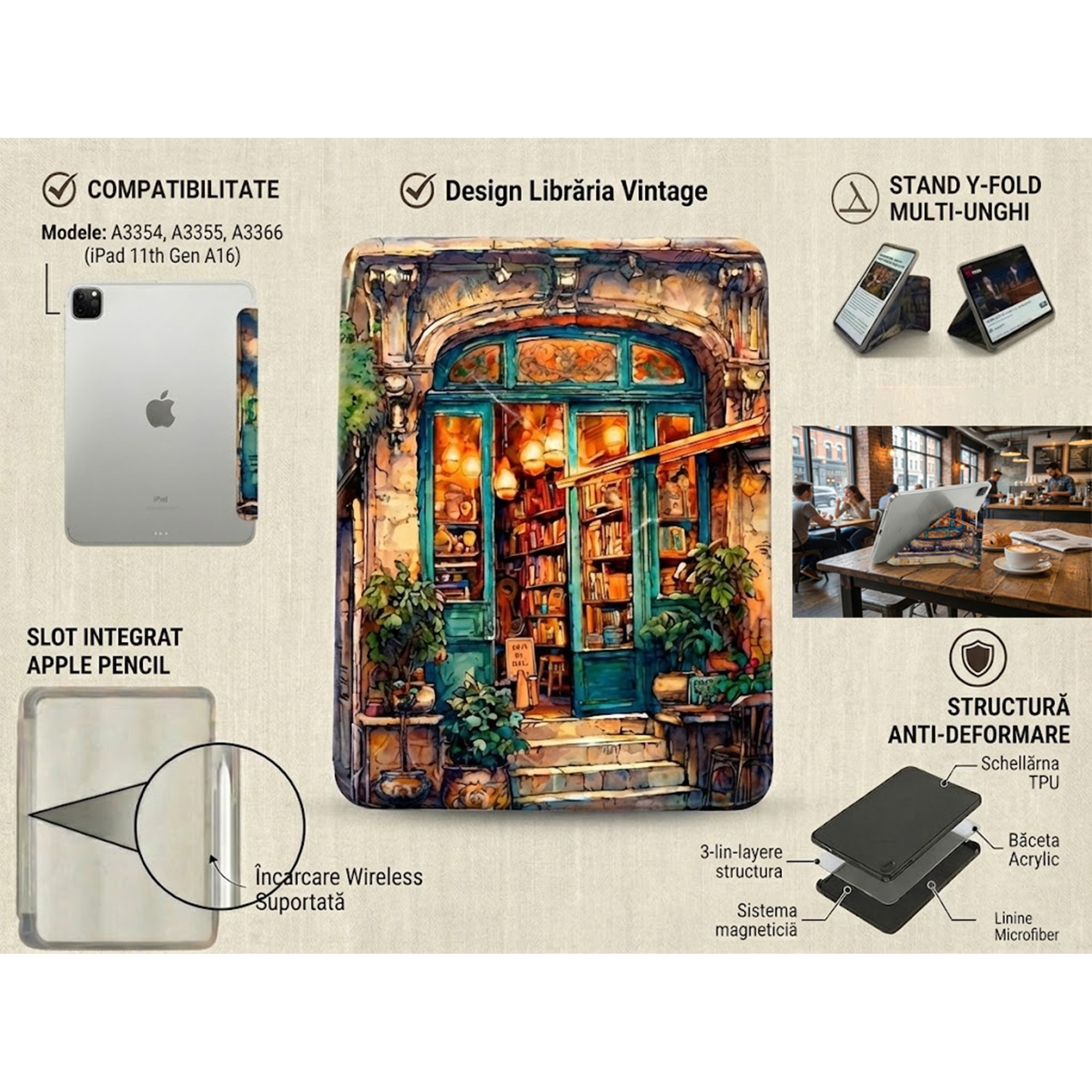 Husa pentru iPad 11 inch Artinplace, compatibila cu iPad 11th Gen A16 (A3354/A3355/A3356), magnetica, suport Y-Fold, cu slot pentru stylus, acrilic, design Librarie Vintage