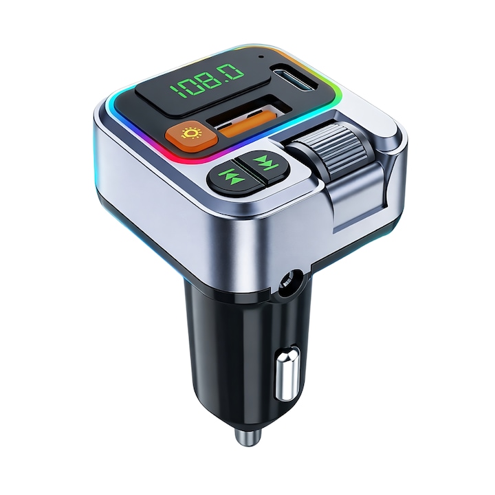 Modulator FM Auto Bluetooth 5.0, Incarcare Rapida USB-C PD 20W, Iluminare RGB, Digital, Port AUX, 12-24V