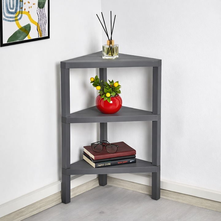 Raft universal Niovel® RFT, etajera de colt cu 3 polite din plastic, 50 X 72 cm, Gri