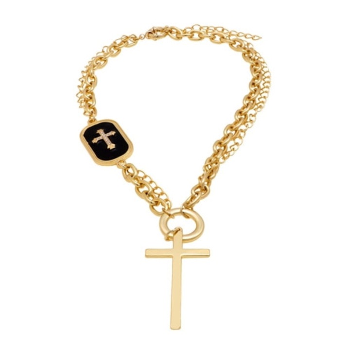 Colier barbati, Colibra, lant dublu 42cm, emaliat negru, pandantiv cruce 5x2,7cm, aurit