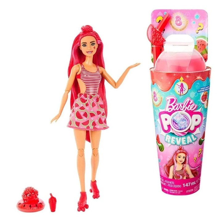 Papusa Barbie, Pop Reveal, set cu catelus si accesorii, parfum de pepene verde, 32.5x12.5x11 cm