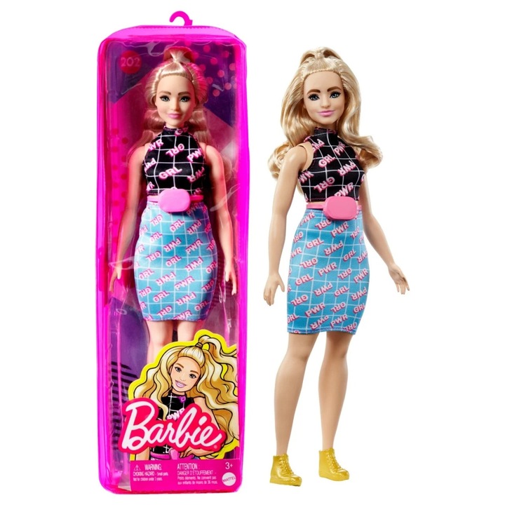 Papusa Barbie Fashionista, blonda, fusta albastra, top negru, 32.5x11.5x5cm