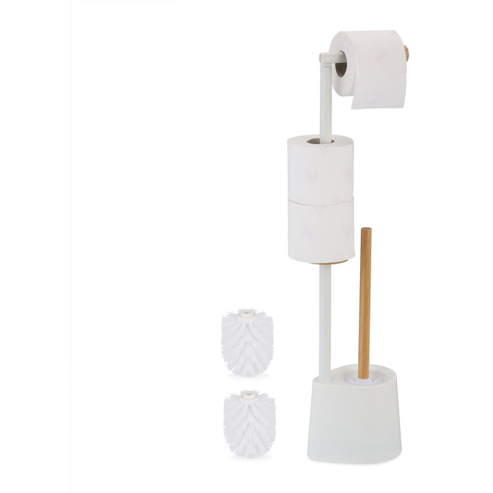 Suport hartie igienica si perie WC din inox si bambus, 2 in 1, cu brat rabatabil pentru role de rezerva, Stativ autoportant pentru toaleta, alb