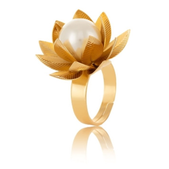 Inel ajustabil cu floare si perla, Colibra, 3.3cm, auriu