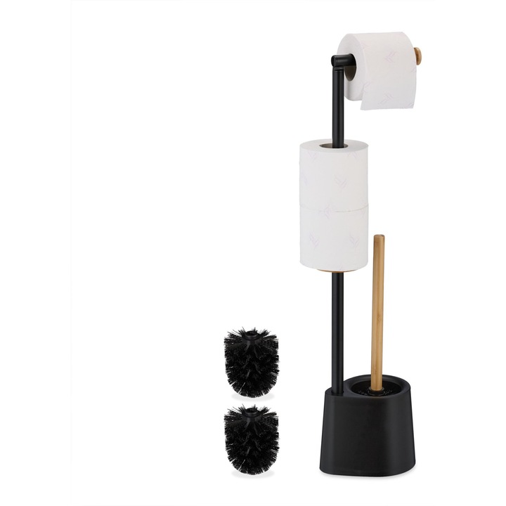 Suport hartie igienica si perie WC din inox si bambus, Set accesorii baie 2 in 1, cu brat rabatabil pentru role de rezerva, Stativ autoportant pentru toaleta, negru