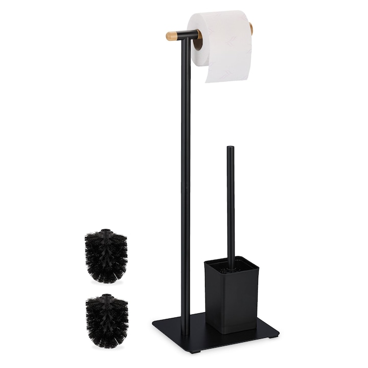 Suport hartie igienica si perie WC din inox negru si bambus, Set accesorii baie 2 in 1 cu baza grea si stabila, Stativ autoportant pentru toaleta cu doua rezerve perie incluse
