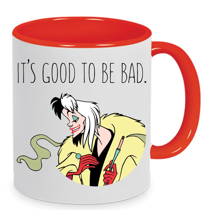 Cana ceramica Cruella de Vil 330ml, design No8, alb si rosu, capacitate 330ml, lavabila la masina de spalat.