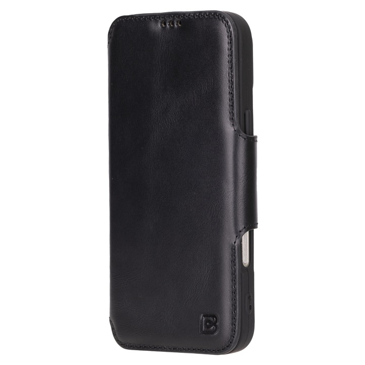 Тънък калъф за iPhone 16 Pro Max – изработен от висококачествена естествена кожа (вътрешна/външна), с изчистен и издръжлив дизайн. Тип книга, със сигурно магнитно закопчаване, стойка и джобове за карти, Bouletta Firenze, Rustic black